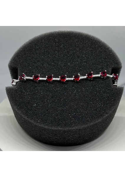 Gümüş Kırmızı Zirkon Taşlı Kalp 925 Ayar Su Yolu Kadın Bileklik | Doğum Günü, Sevgililer Günü, Anneler Günü, Yıldönümü Hediyesi 18 cm modelleri