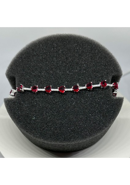 Gümüş Kırmızı Zirkon Taşlı Kalp 925 Ayar Su Yolu Kadın Bileklik | Doğum Günü, Sevgililer Günü, Anneler Günü, Yıldönümü Hediyesi 18 cm fırsatları