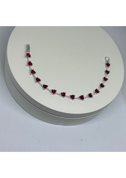 Gümüş Kırmızı Zirkon Taşlı Kalp 925 Ayar Su Yolu Kadın Bileklik | Doğum Günü, Sevgililer Günü, Anneler Günü, Yıldönümü Hediyesi 18 cm