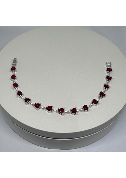 Gümüş Kırmızı Zirkon Taşlı Kalp 925 Ayar Su Yolu Kadın Bileklik | Doğum Günü, Sevgililer Günü, Anneler Günü, Yıldönümü Hediyesi 18 cm