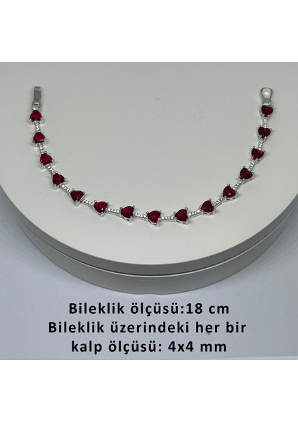 Gümüş Kırmızı Zirkon Taşlı Kalp 925 Ayar Su Yolu Kadın Bileklik | Doğum Günü, Sevgililer Günü, Anneler Günü, Yıldönümü Hediyesi 18 cm