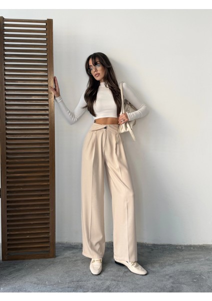 Bej Kemer Detaylı Palazzo Pantolon