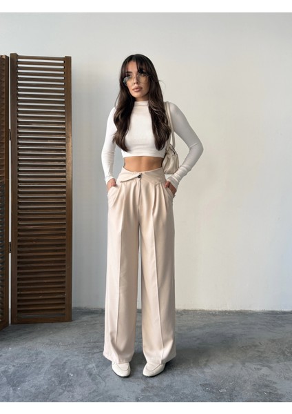 Bej Kemer Detaylı Palazzo Pantolon modelleri