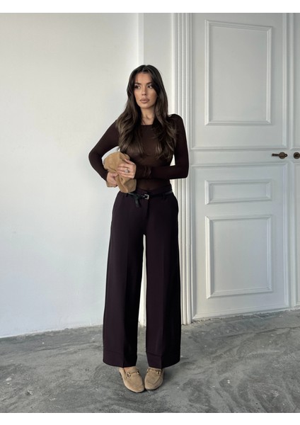 Kahve Paça Detaylı Kemerli Pantolon