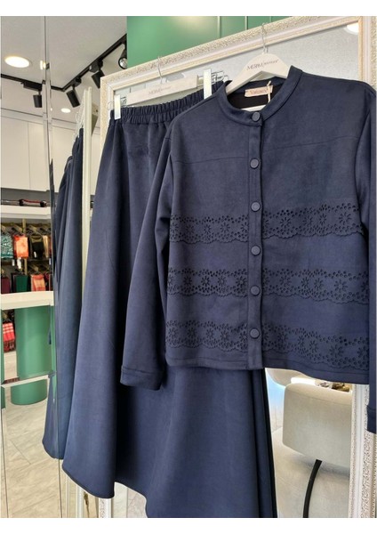 Vatkatex Süet Etekli Takım Lazer Kesim - Lacivert - 46