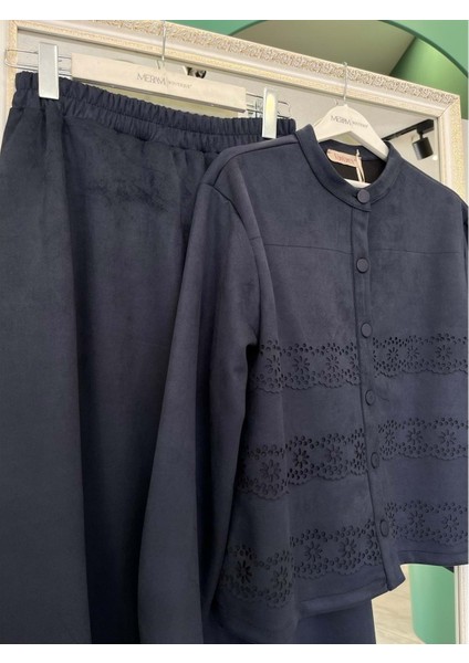 Vatkatex Süet Etekli Takım Lazer Kesim - Lacivert - 46 modelleri