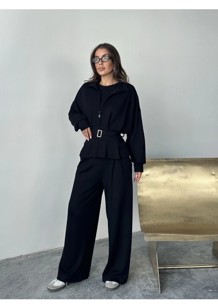 Siyah Modal Pileli Bağlamalı Ceket Takım