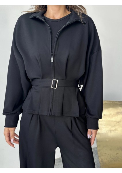 Siyah Modal Pileli Bağlamalı Ceket Takım fiyatları