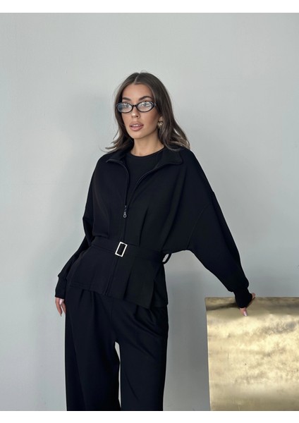 Siyah Modal Pileli Bağlamalı Ceket Takım modelleri