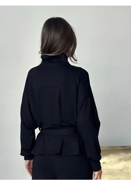 Siyah Modal Pileli Bağlamalı Ceket Takım fırsatları