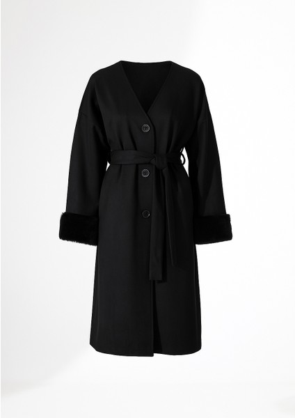 Kürk Detay Düğme Kapama Bol Ceket