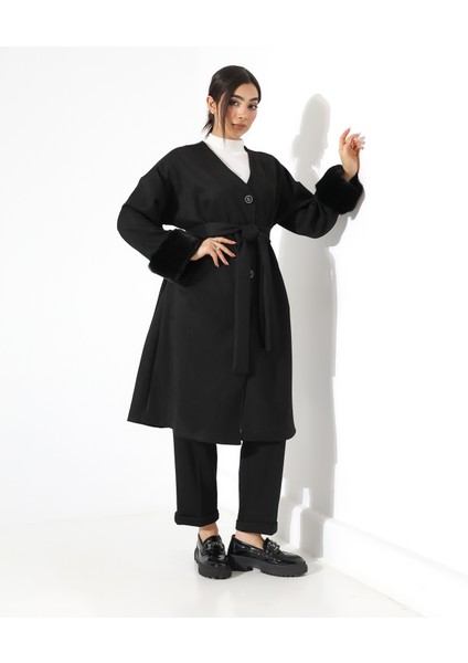 Kürk Detay Düğme Kapama Bol Ceket