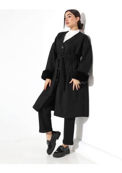 Kürk Detay Düğme Kapama Bol Ceket