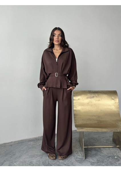 Kahve Modal Pileli Bağlamalı Ceket Takım