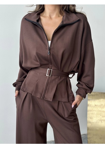 Kahve Modal Pileli Bağlamalı Ceket Takım modelleri