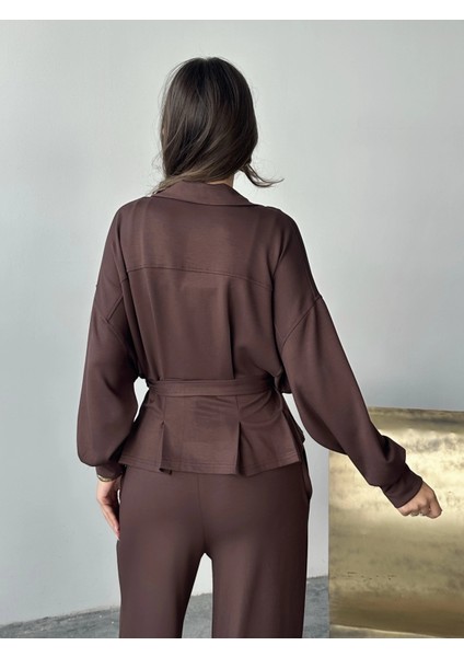 Kahve Modal Pileli Bağlamalı Ceket Takım fırsatları