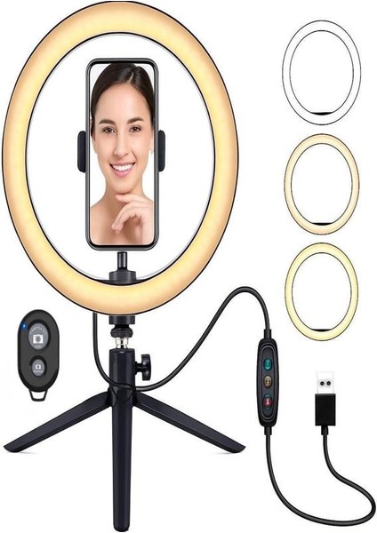 Masa Üstü 10 Inç LED Ring Light Tripodlu Telefon Tutucu 3 Işık Modu USB Bluetooth Kumanda