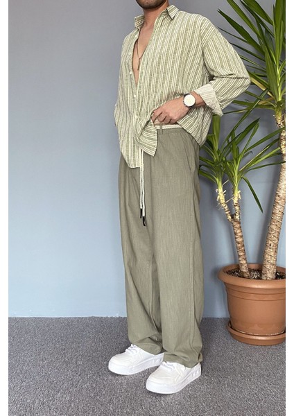 Rahat Kesim Keten Kumaş Bağcıklı Krem Renk Baggy Pantolon