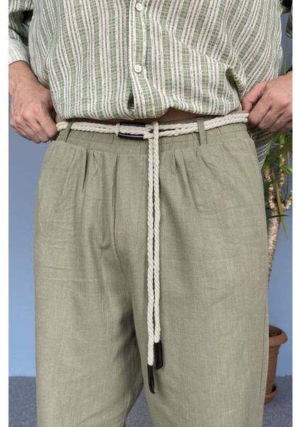 Rahat Kesim Keten Kumaş Bağcıklı Krem Renk Baggy Pantolon fiyatları