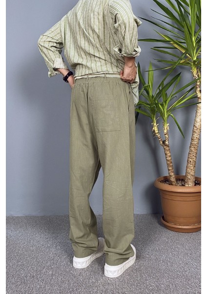 Rahat Kesim Keten Kumaş Bağcıklı Krem Renk Baggy Pantolon modelleri