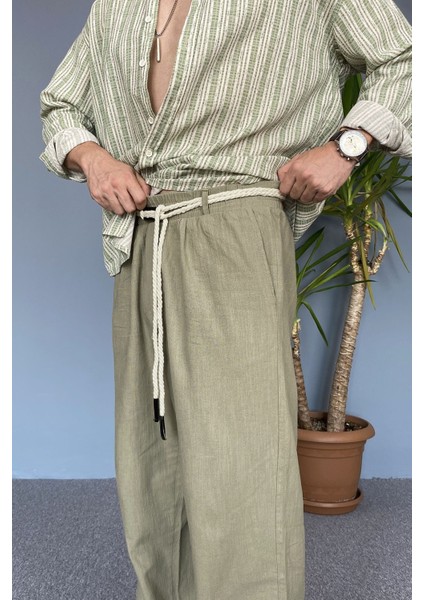 Rahat Kesim Keten Kumaş Bağcıklı Krem Renk Baggy Pantolon fırsatları