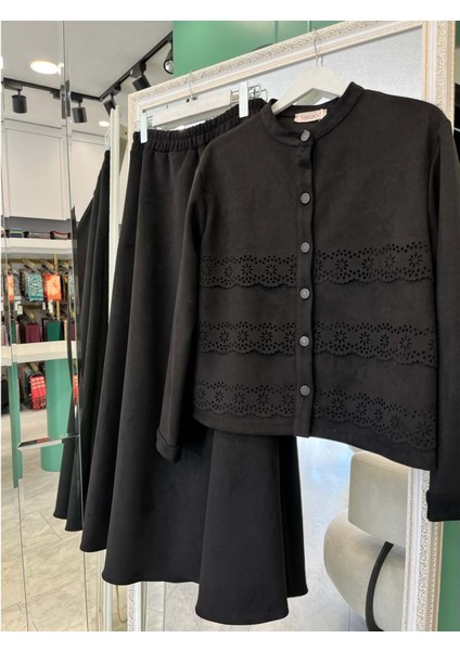 Vatkatex Süet Etekli Takım Lazer Kesim - Siyah - 42