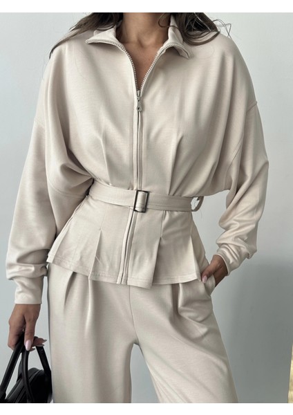 Bej Modal Pileli Bağlamalı Ceket Takım fiyatları