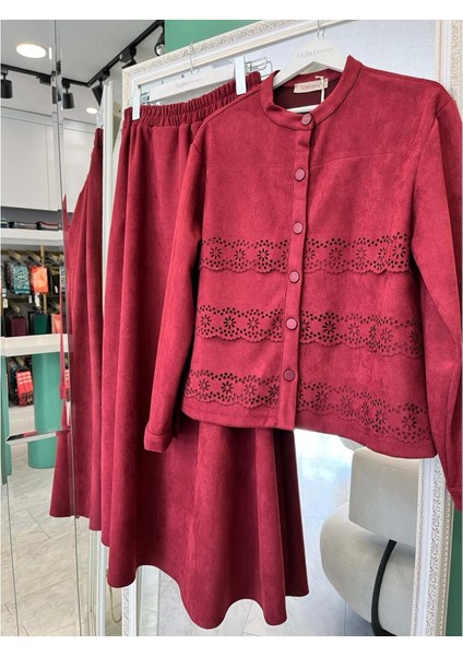 Vatkatex Süet Etekli Takım Lazer Kesim - Bordo - 44