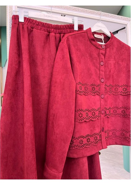 Vatkatex Süet Etekli Takım Lazer Kesim - Bordo - 44 modelleri