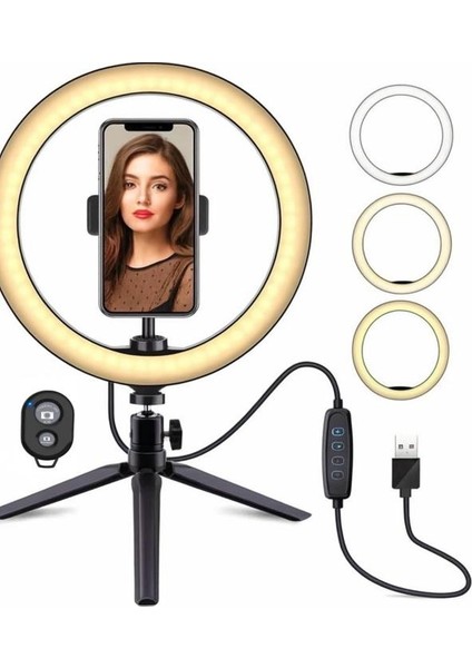 Masa Üstü 10 Inç LED Ring Light Tripodlu Telefon Tutucu 3 Işık Modu USB Bluetooth Kumanda