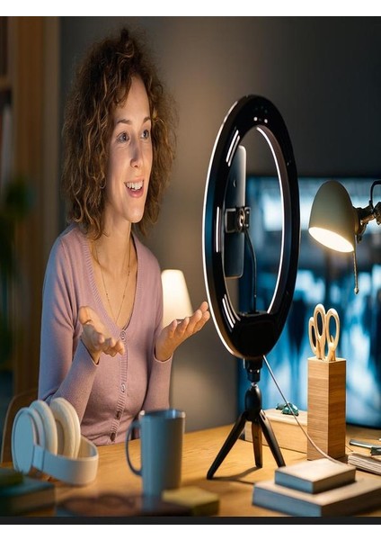 Masa Üstü 10 Inç LED Ring Light Tripodlu Telefon Tutucu 3 Işık Modu USB Bluetooth Kumanda modelleri