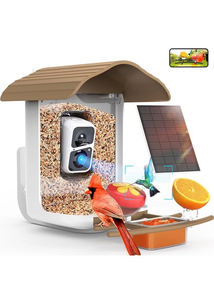 Pav - Akıllı Kuş Yemliği, Güneş Enerjili Kamera 2k Hd - Açık Kahverengi