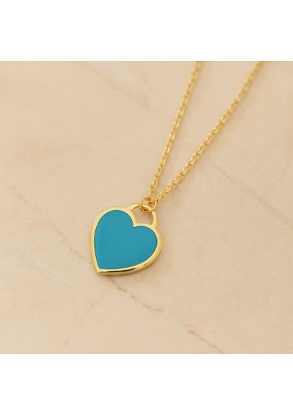 14 Ayar Altın Renkli Mineli Kalp Kolye – Kalp ve Gökkuşağı Tasarımı