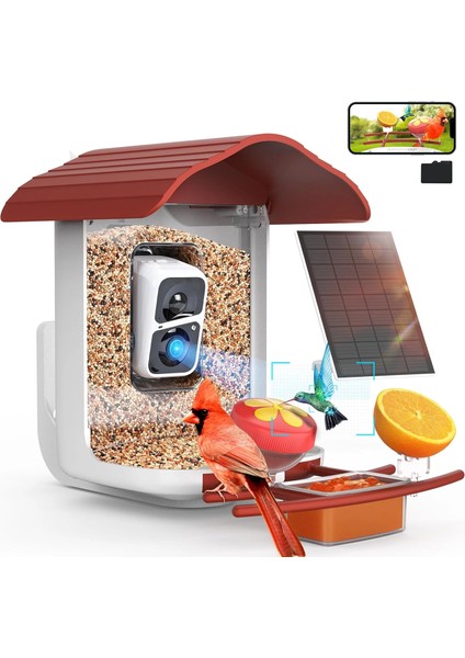 Pav - Akıllı Kuş Yemliği, Güneş Enerjili Kamera 2k Hd - Kırmızı