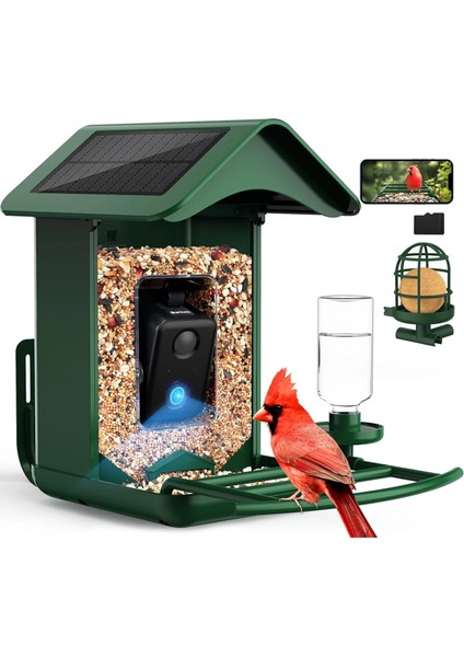 Akıllı Kuş Yemliği Kameralı Güneş Enerjili, 1080P Hd - Yeşil