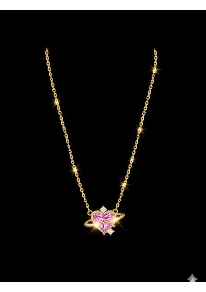 "cosmic Love" Pembe Kalp ve Gezegen Kolye