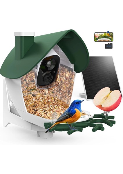 P33 - Güneş Enerjili 2k Video Canlı Kuş Kamerası Yemliği - Koyu Yeşil
