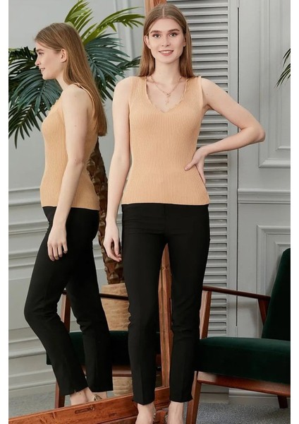 Merdiven Yaka Kolsuz Ince Yazlık Turuncu Triko Bluz modelleri