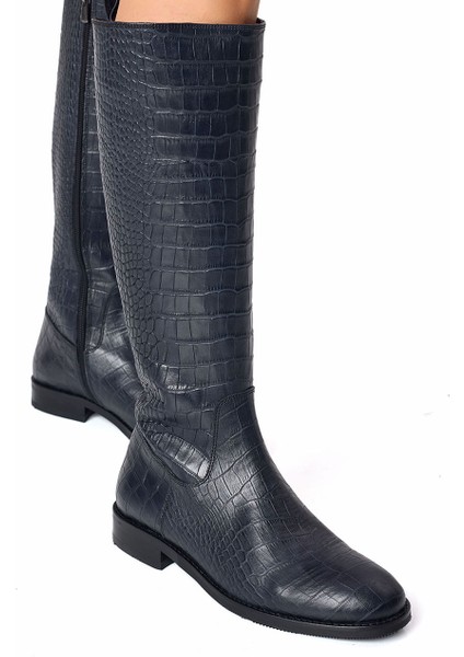 Timsah Desenli Hakiki Kroko Deri El Işçiliği Yandan Fermuarlı Lacivert Çizme modelleri