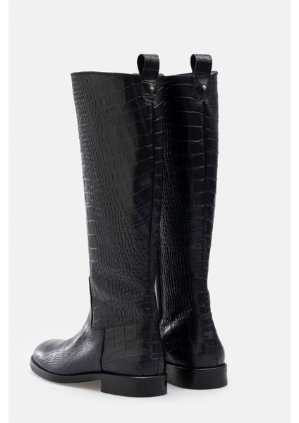 Timsah Desenli Hakiki Kroko Deri El Işçiliği Yandan Fermuarlı Lacivert Çizme indirimleri