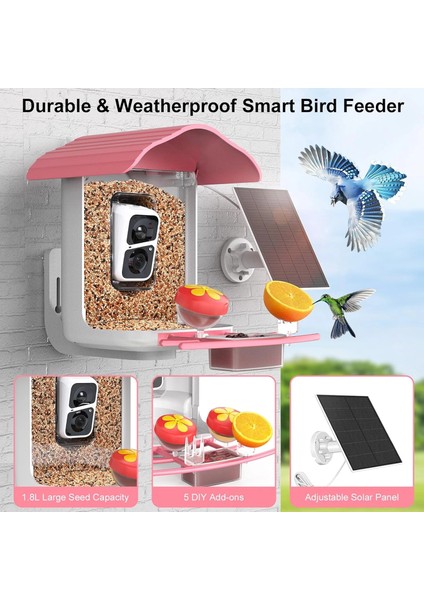 Pav - Akıllı Kuş Yemliği, Güneş Enerjili Kamera 2k Hd - Pembe indirimleri