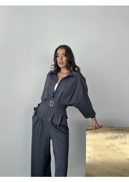 Antrasit Modal Pileli Bağlamalı Ceket Takım fiyatları