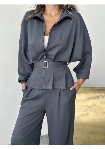 Antrasit Modal Pileli Bağlamalı Ceket Takım modelleri