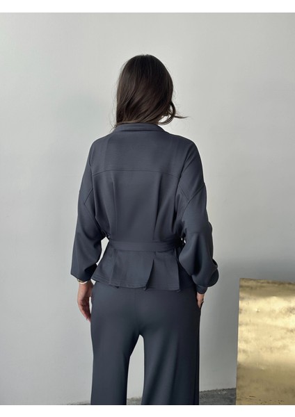 Antrasit Modal Pileli Bağlamalı Ceket Takım fırsatları