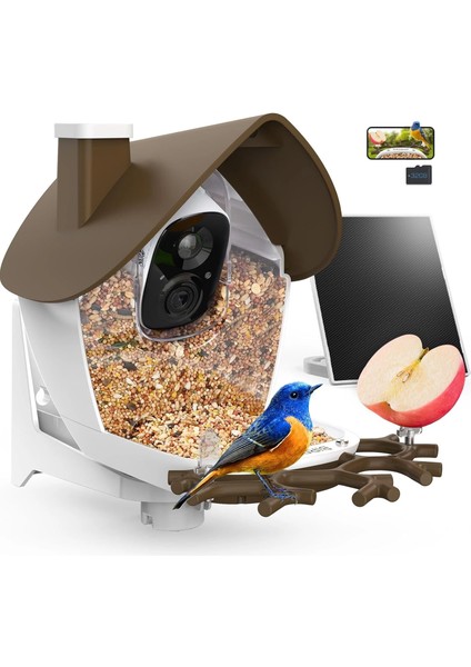 P33 - Güneş Enerjili 2k Video Canlı Kuş Kamerası Yemliği - Kahverengi