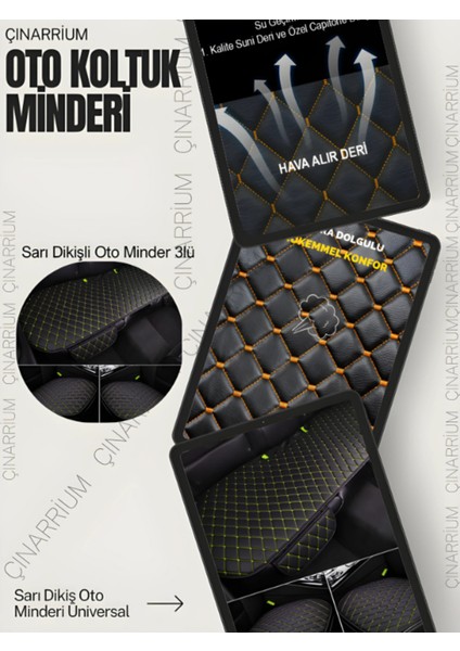 Chevrolet Spark 2009-2015 Ön ve Arka Takım Koltuk Minderi Kılıf Siyah Suni Deri Sarı Dikişli fırsatları