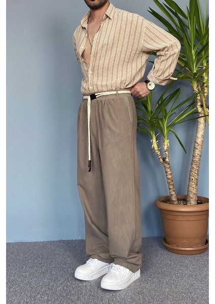 Rahat Kesim Keten Kumaş Bağcıklı Krem Renk Baggy Pantolon