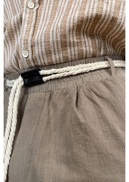 Rahat Kesim Keten Kumaş Bağcıklı Krem Renk Baggy Pantolon fiyatları