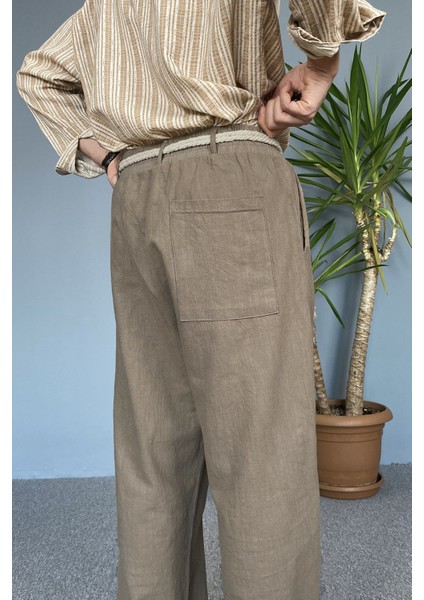 Rahat Kesim Keten Kumaş Bağcıklı Krem Renk Baggy Pantolon modelleri