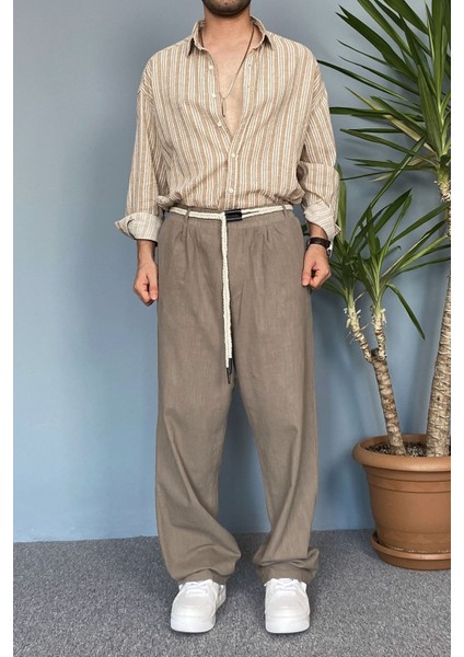 Rahat Kesim Keten Kumaş Bağcıklı Krem Renk Baggy Pantolon fırsatları